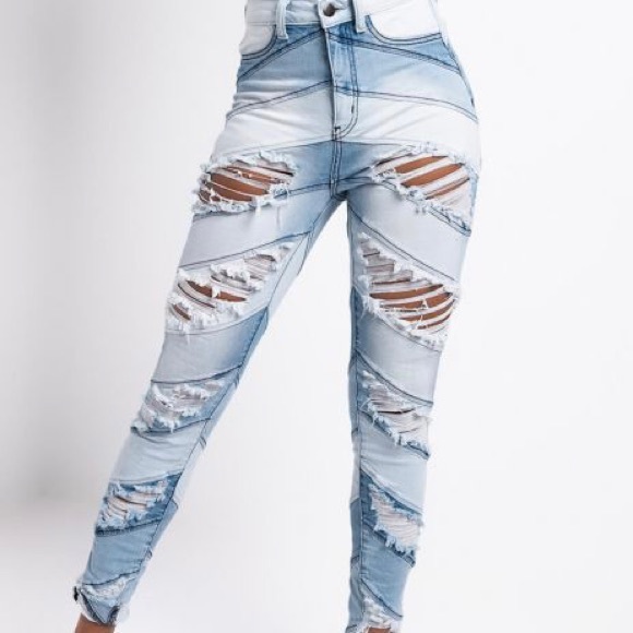 Denim - High waisted skinny patched jeans